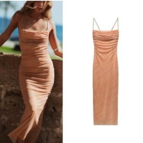 Zara Draped printed orange tulle Elegant Peach Spaghetti Strap Dress XL NWT - Picture 1 of 12